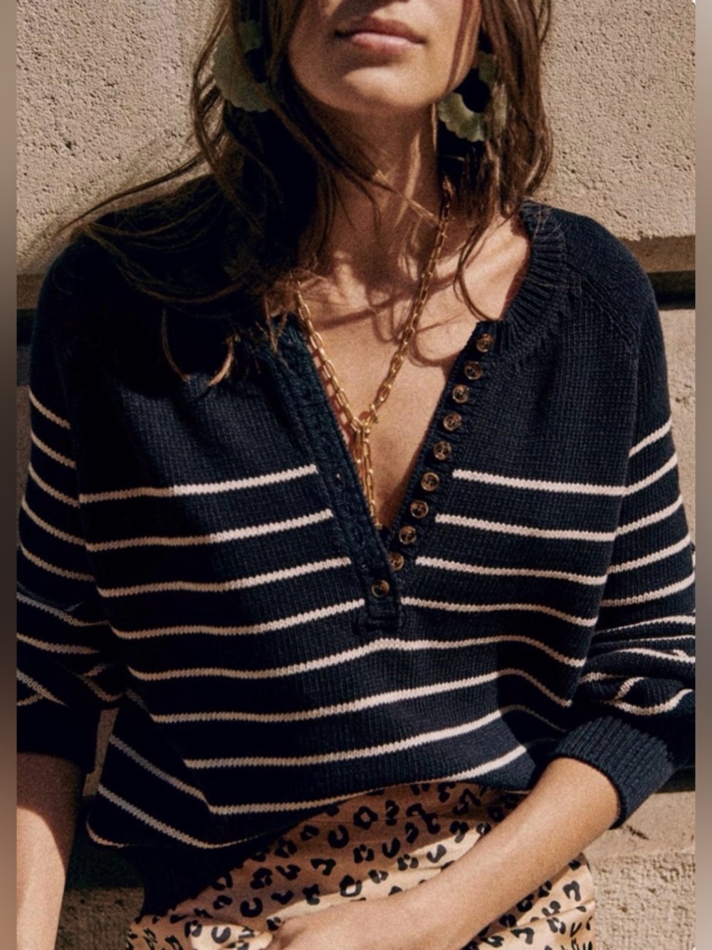 Sezane LEONTINE Striped Navy and White Sweater